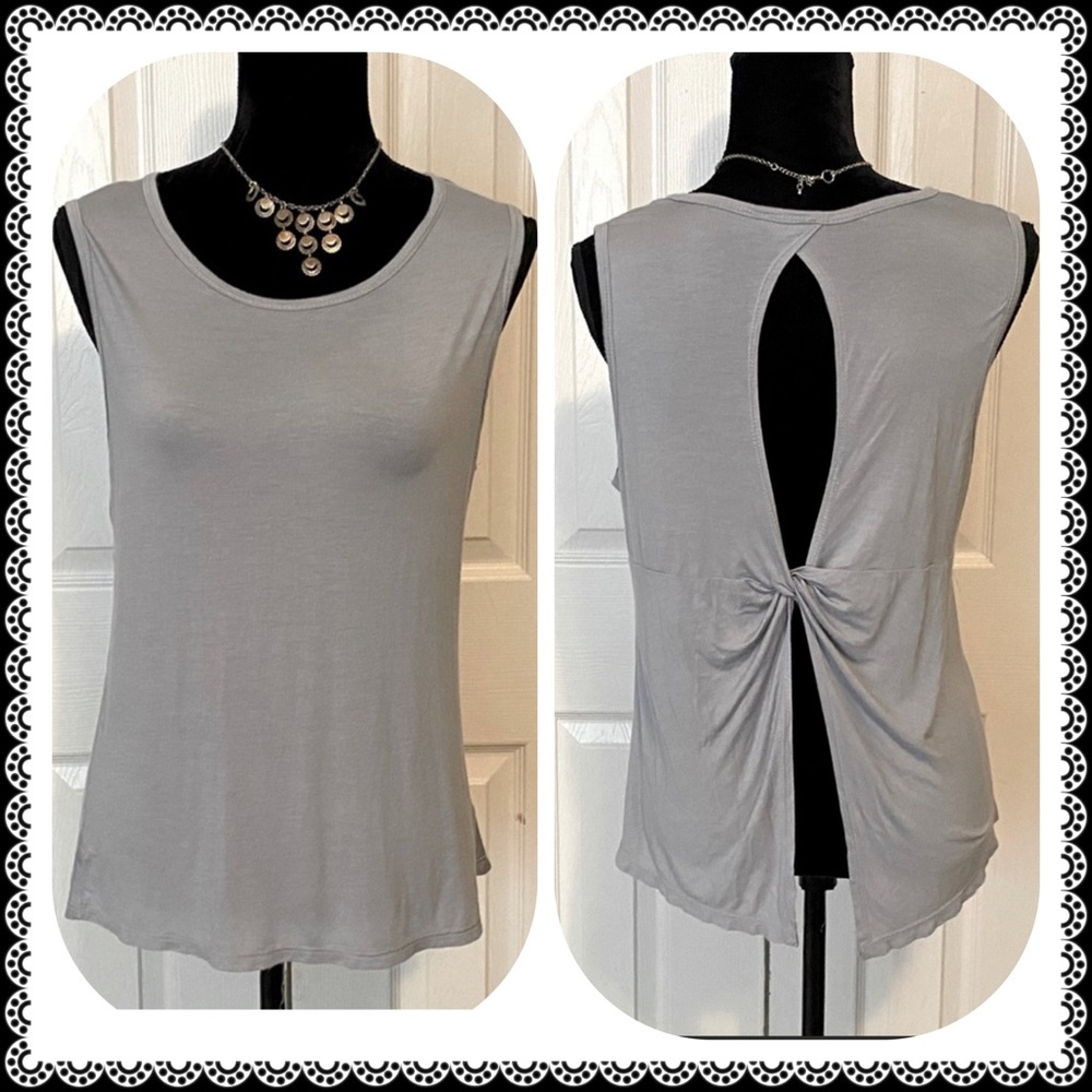 Soft gray open twist back top